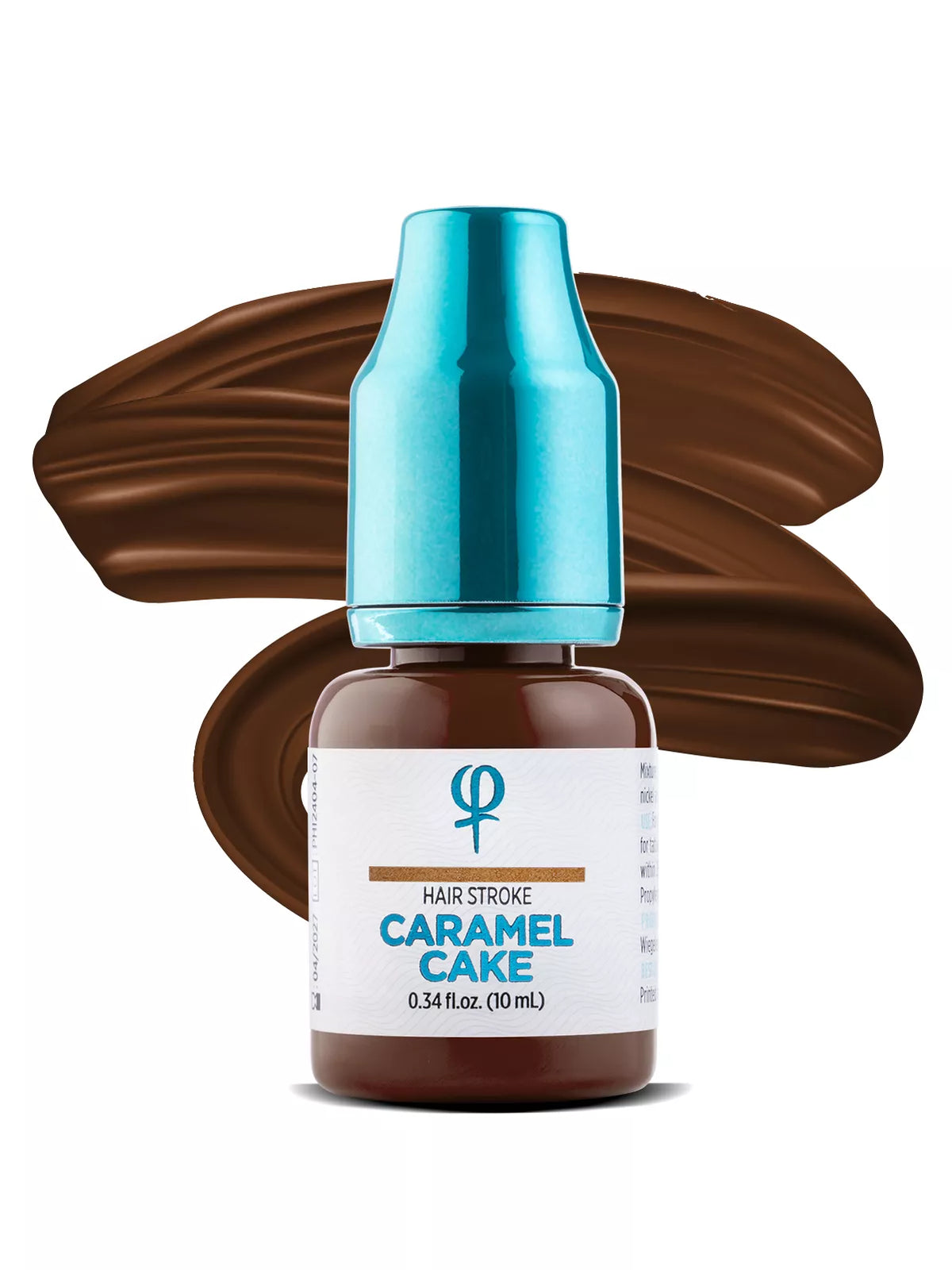 Caramel Cake PMU pigment bottle, designed for natural, fade-resistant eyebrow enhancements with hybrid Fusion Black Technology.