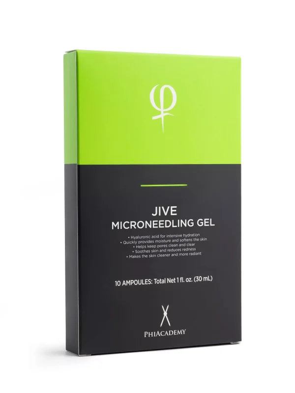 Jive Microneedling Gel 5/1 packaging, featuring an intensive formula with hyaluronic acid and niacinamide for improving the appearance of acne-prone skin and minimizing wrinkles