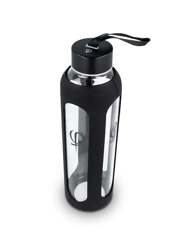 PhiBottle borosilicate glass water bottle with silicone sleeve and dual cap options.