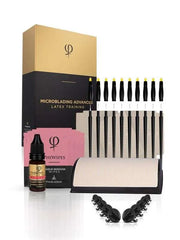 Microblading Advanced Latex Training Kit with practice skins, disposable tools, 3D latex pad, pigment rings, and Phi Wipes for realistic skill enhancement.