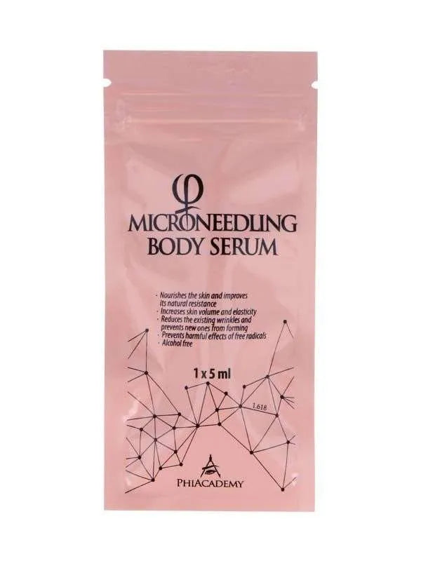 Phi Microneedling Body Serum with hyaluronic acid and antioxidants for anti-aging, deep hydration, and enhanced absorption on neck, décolleté, and hands.