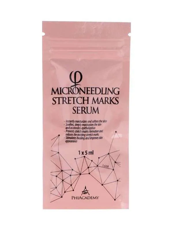 Phi Microneedling Stretch Marks Serum with hyaluronic acid and Regestril, designed for reducing and preventing stretch marks at home.